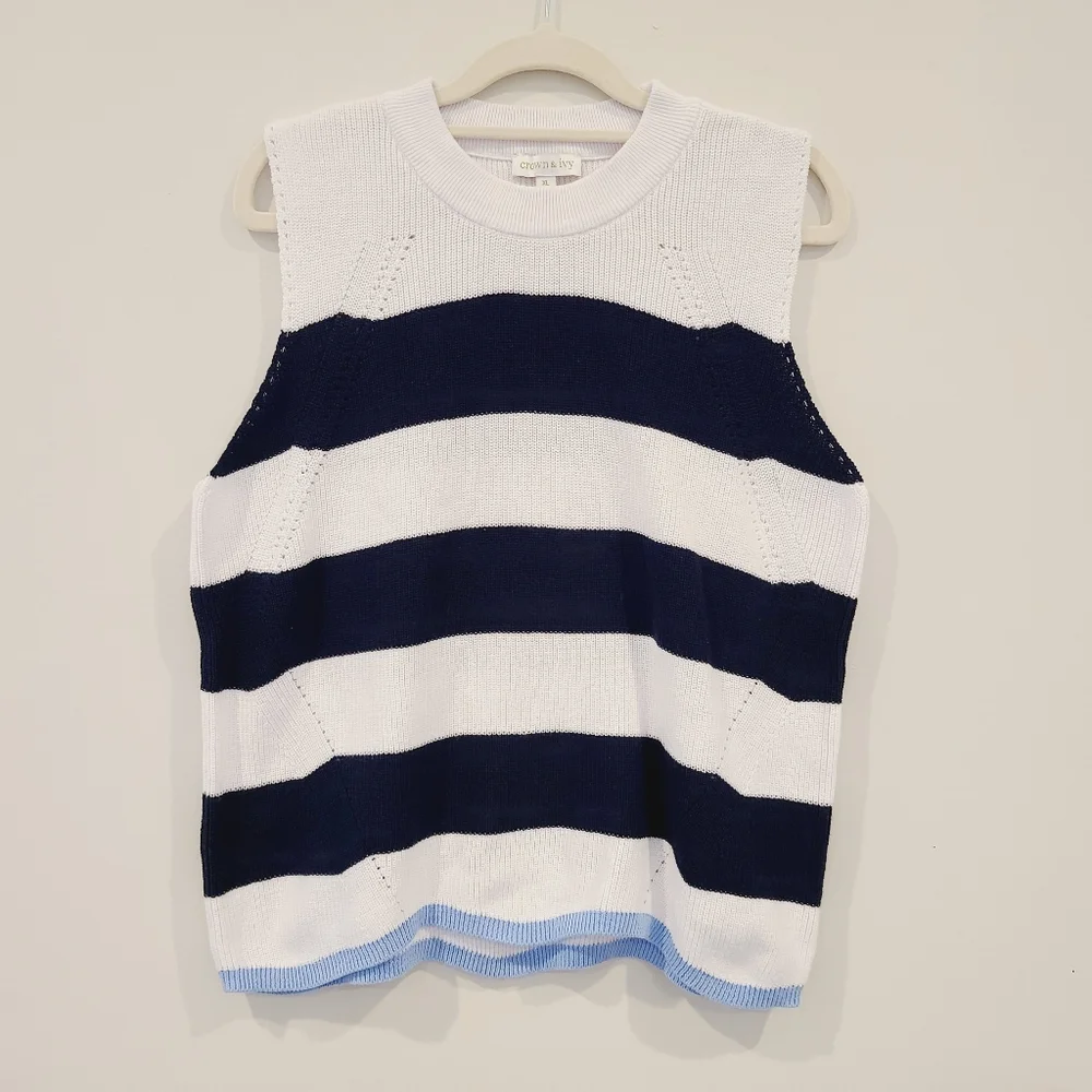 Crown & Ivy White And Navy Striped  Cotton Knit Sweater Tank Top - Picture 2 of 8